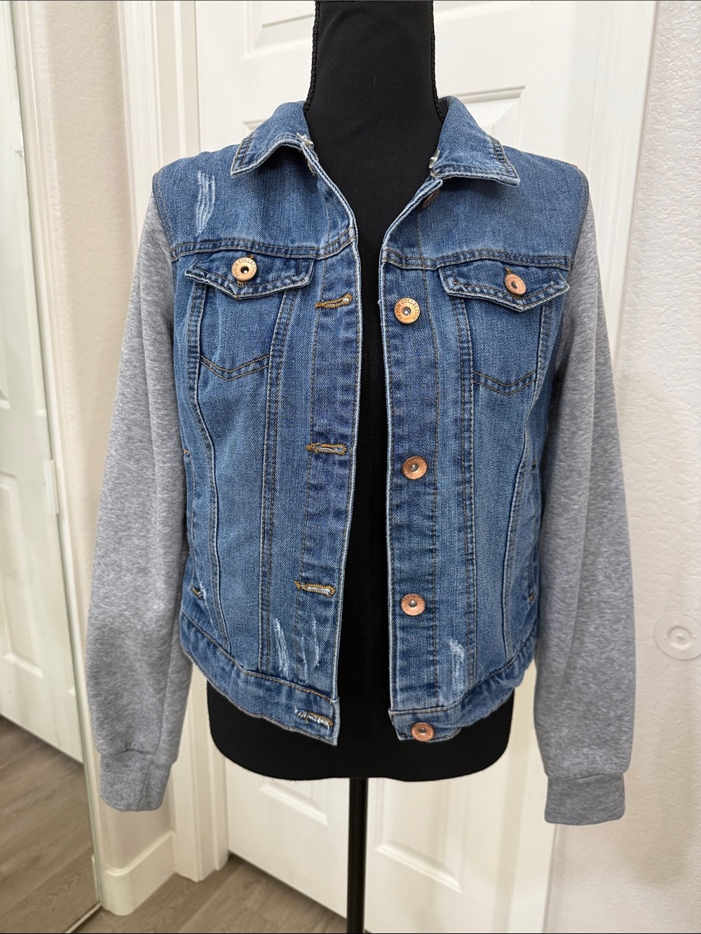 Ci Sono Blue Denim Jacket with Gray Hoodie-Style Sleeves